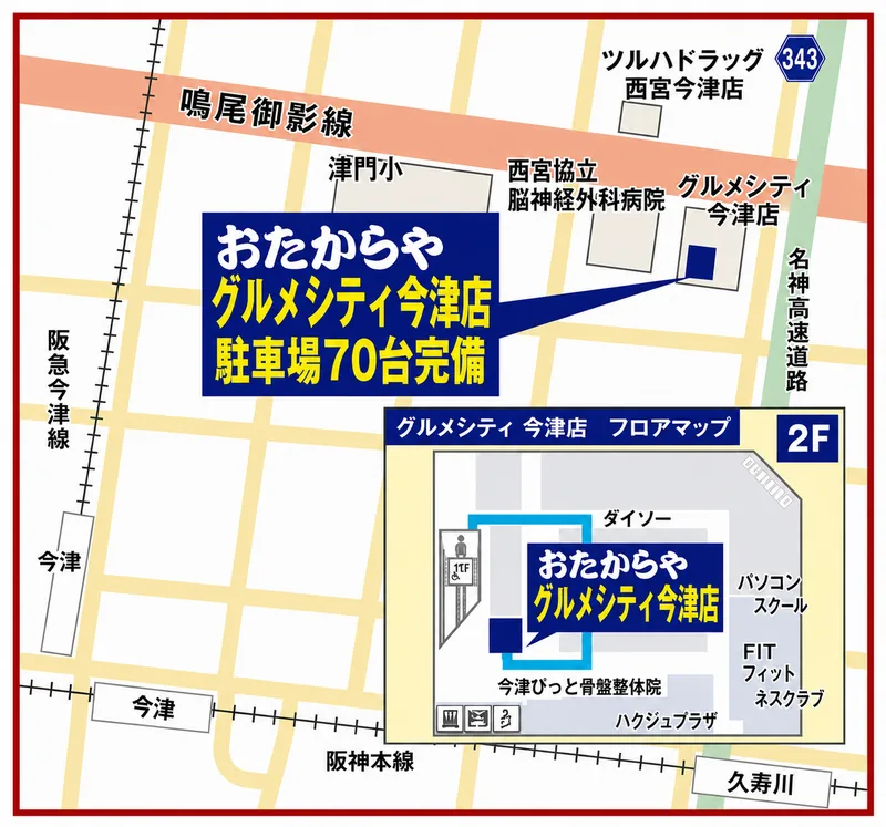 阪神「久寿川駅」から徒歩8分 おたからやグルメシティ今津店へのアクセス